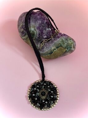 Black Beaded Round Pendant Necklace with Antique silver-tone Accents